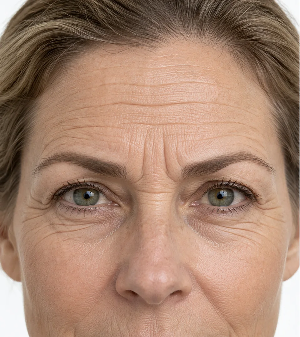 Illustration of forehead lines, frown lines and crow's feet softening: before