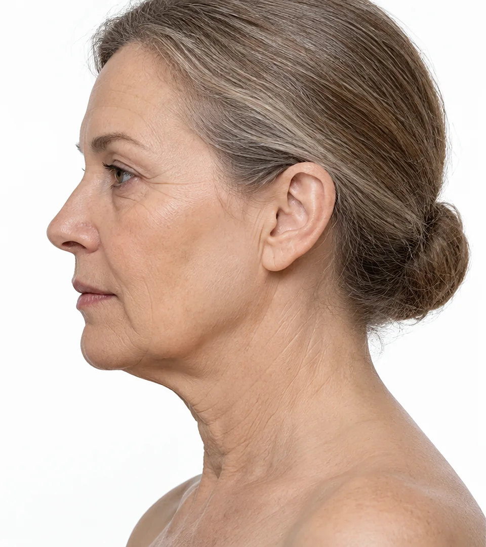 Illustration of a side profile with the neck and under-chin skin firming: before