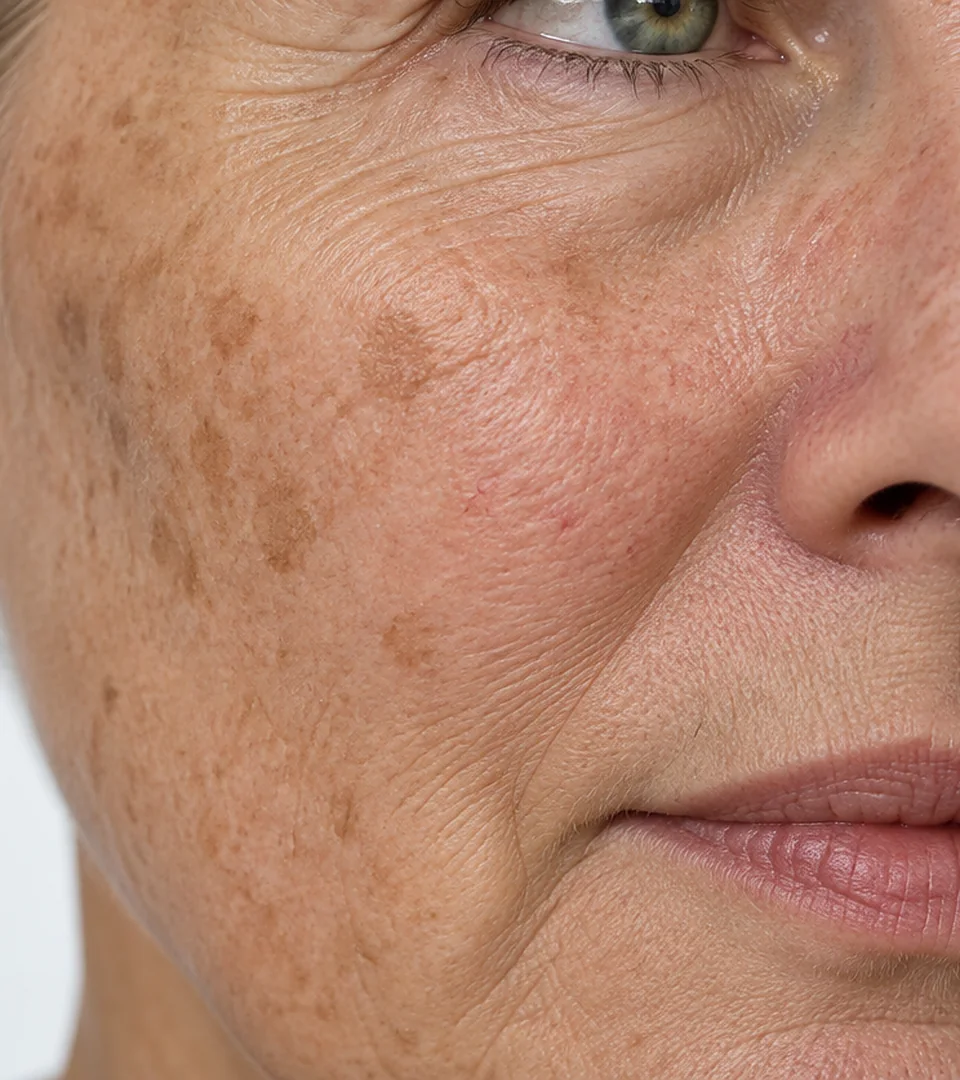 Illustration of sun spots and redness on the cheek clearing: before