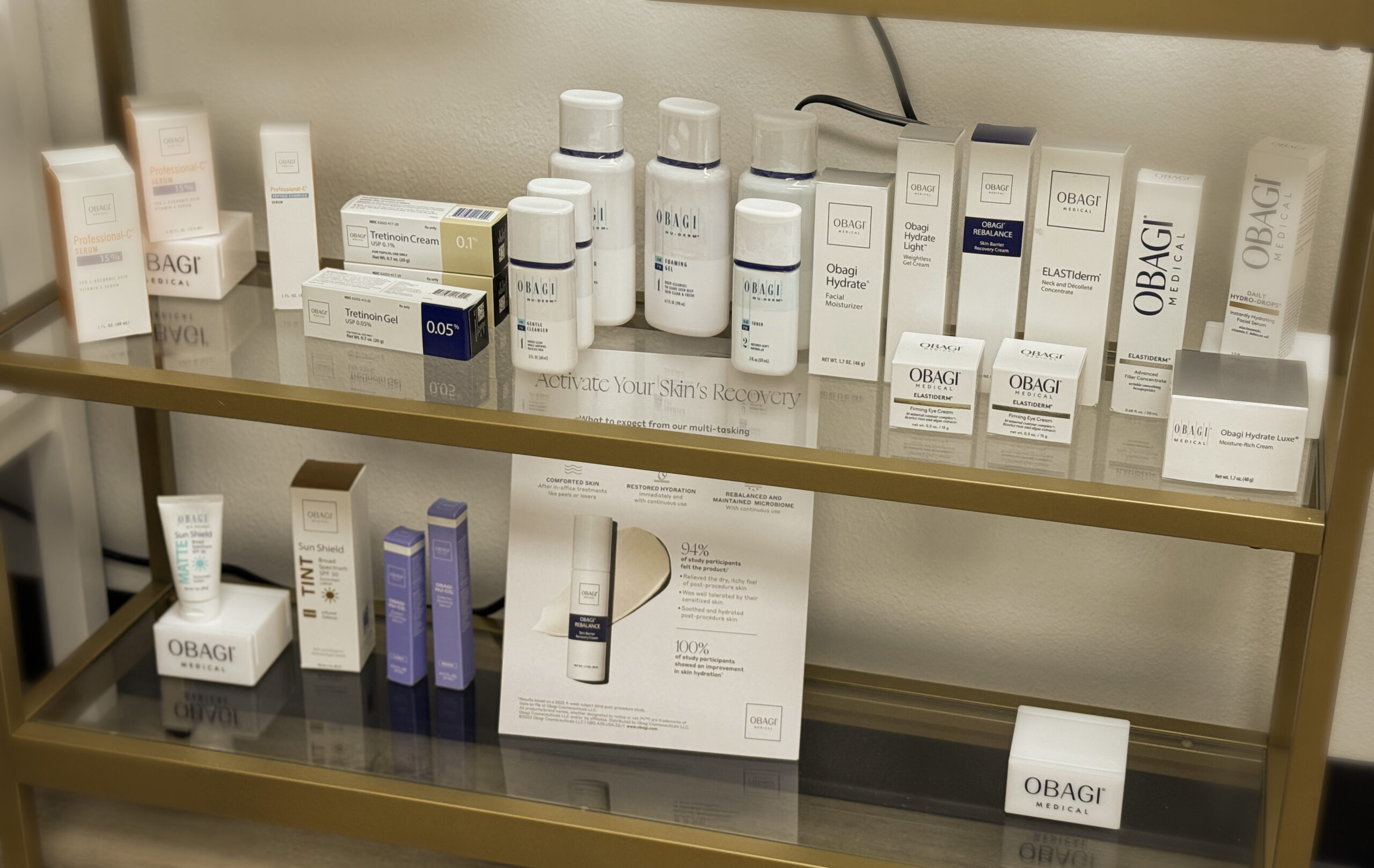 Obagi Medical skincare products displayed on shelves at Embrace Eternal Beauty in Hot Springs AR  