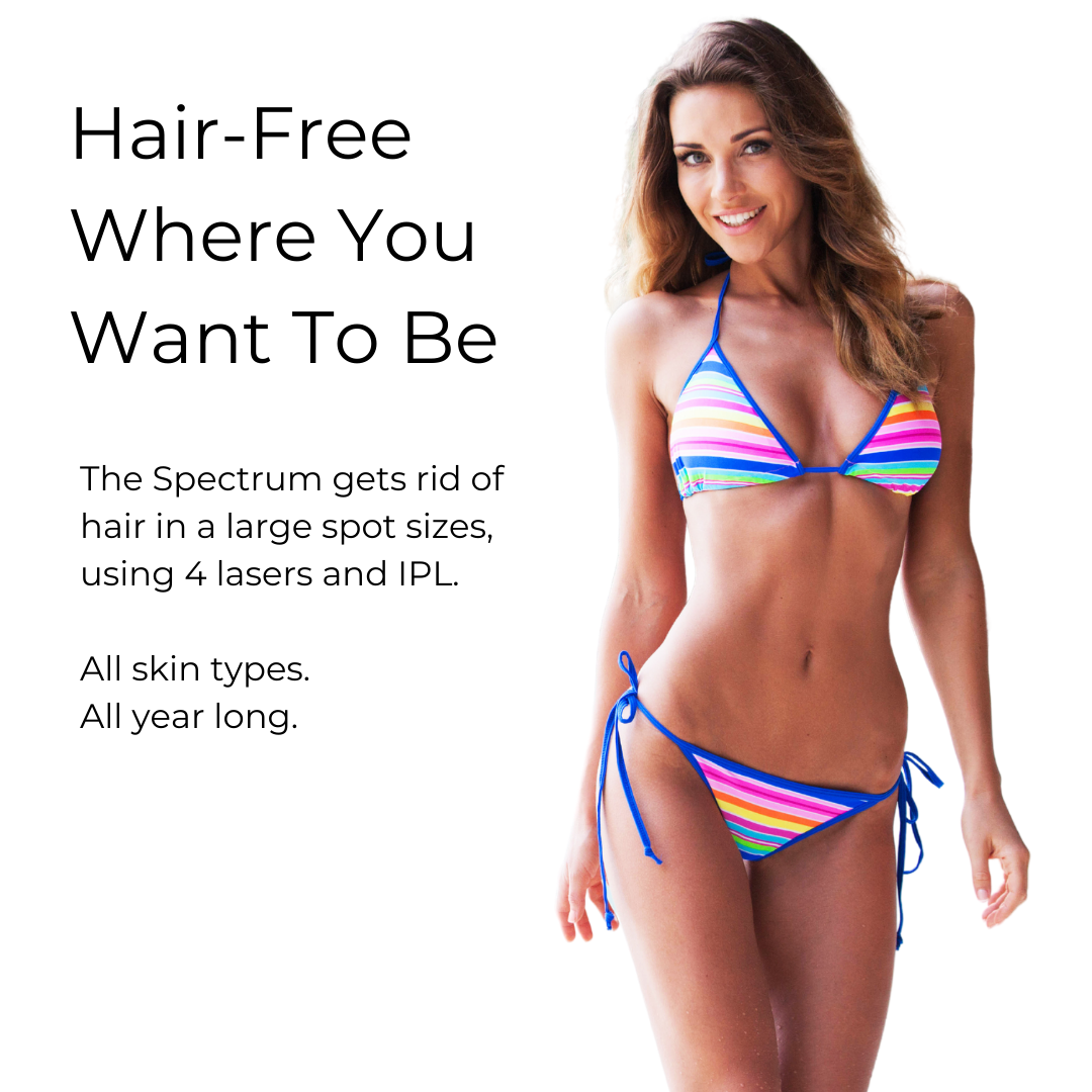 Woman in a colorful bikini with smooth skin, promoting Spectrum laser hair removal for all skin types.