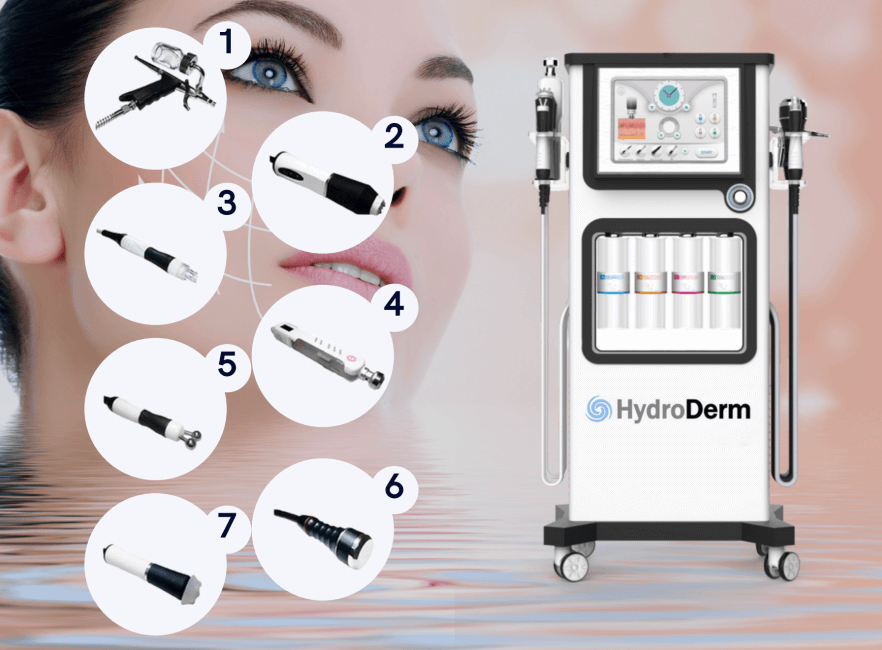 Hydroderm facial machine with seven numbered tools used in customizable skin treatments at Embrace Eternal Beauty in Hot Springs, AR