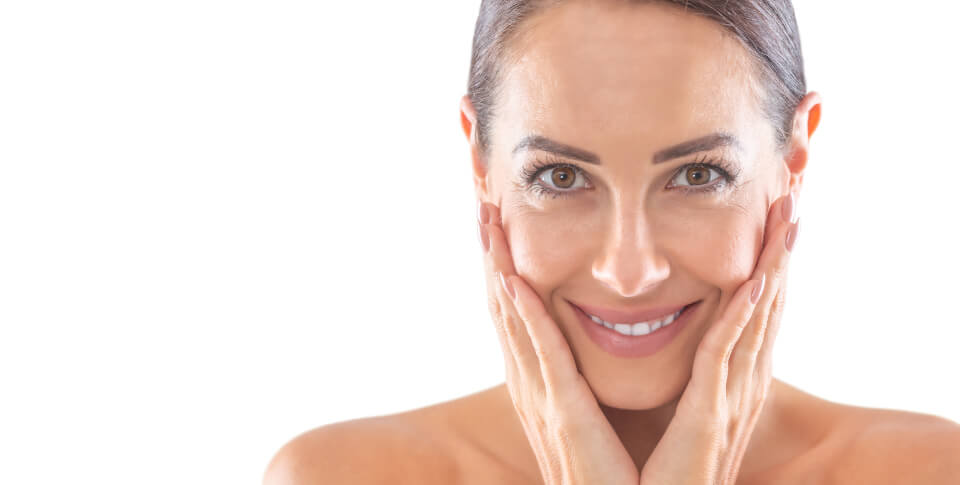 Illustrative portrait of a woman with her hands beside her face